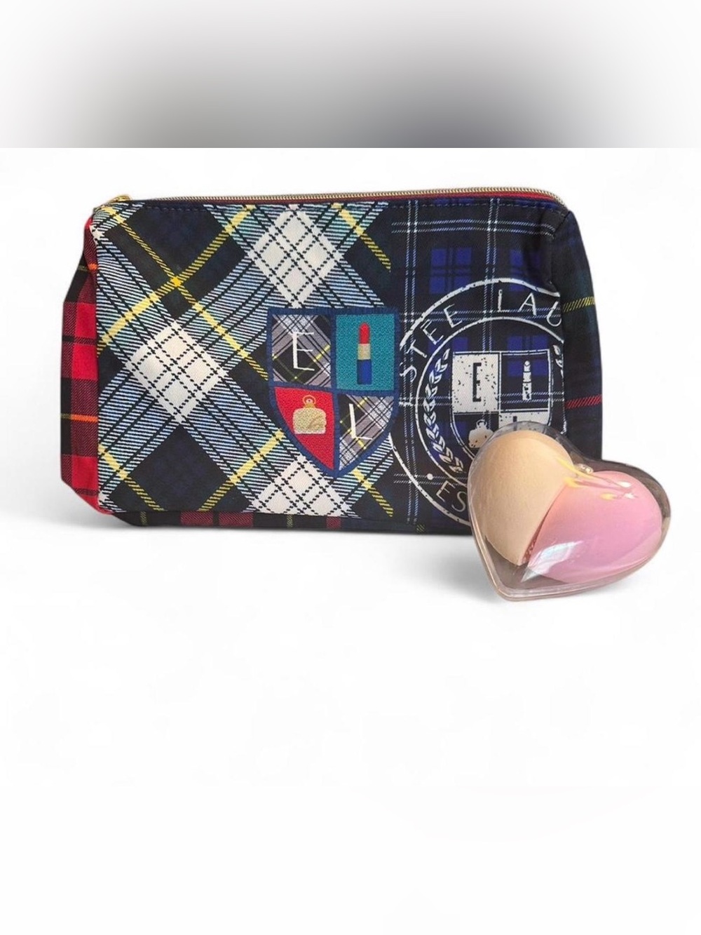 Estée Lauder Plaid Makeup Bag and Sponge